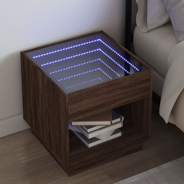vidaXL Nočný stolík s nekonečnými LED hnedý dub 50x50x50 cm