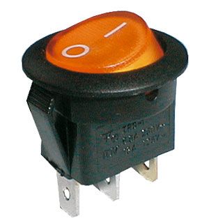 Prepínač kolískový okrúhly pros.  2pol./3pin  ON-OFF 250V/6A žltý