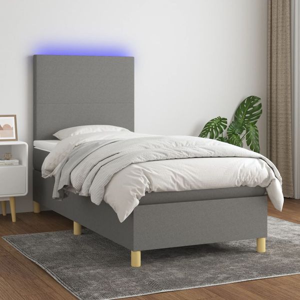 vidaXL Posteľ boxsping s matracom a LED tmavosivá 90x200 cm látka