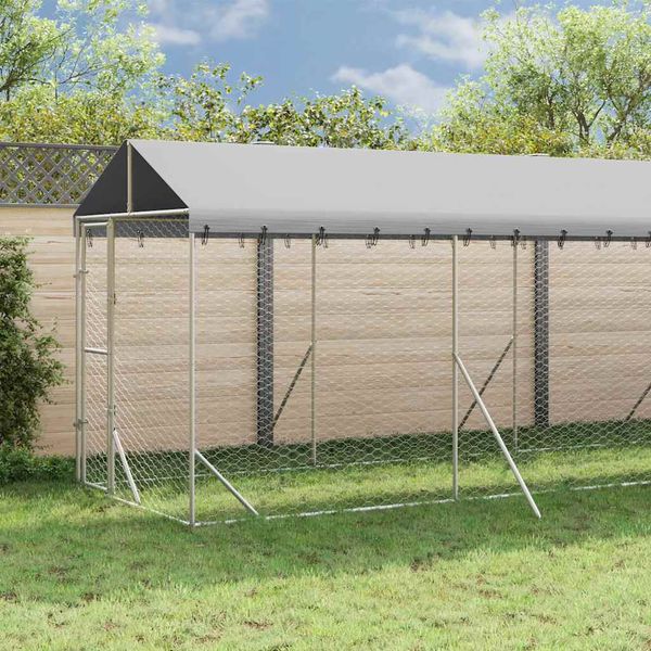vidaXL Vonkajší koterec pre psov so strechou striebor. 2x10x2,5m oceľ