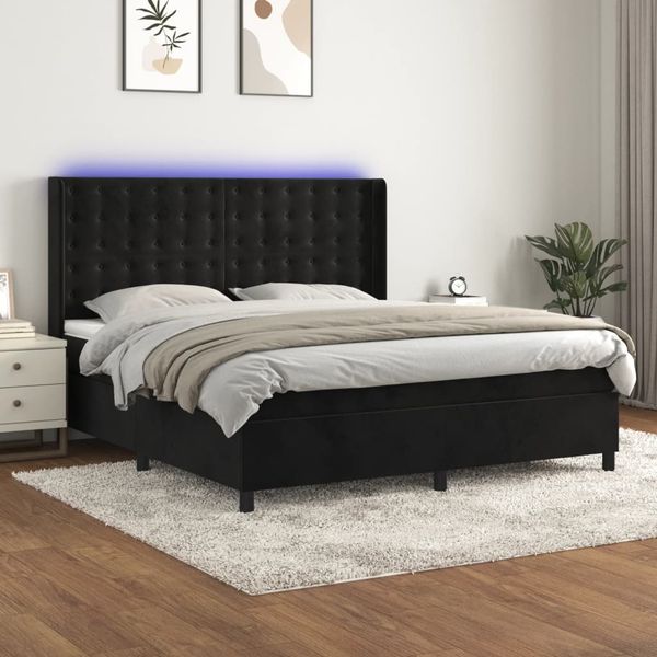 vidaXL Posteľ boxsping s matracom a LED čierna 180x200 cm zamat