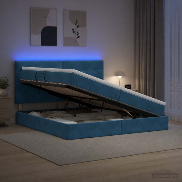 vidaXL LED úložná posteľ s matracom Tmavomodrá 200 x 200 cm Zamat