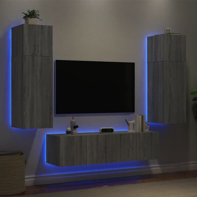 vidaXL 6-dielne TV nástenné skrinky s LED sivé sonoma kompozitné drevo