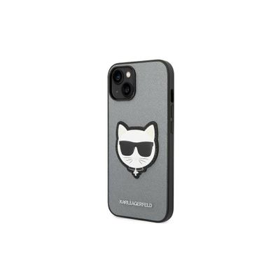 Obal Karl Lagerfeld pre iPhone 14 Plus 6,7" KLHCP14MSAPCHG strieborný PU Saffiano obal s nášivkou Choupette Head Patch