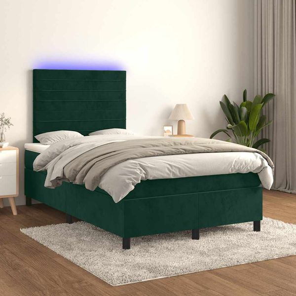 vidaXL Posteľný rám boxsping matrac a LED tmavozelený 120x200 cm zamat