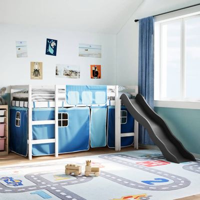 vidaXL Detská vyvýšená posteľ závesy modrá 90x200 cm masívna borovica