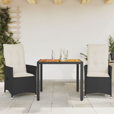 vidaXL 3-dielna bistro súprava s vankúšmi čierna polyrat a akácia