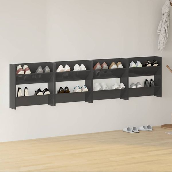 vidaXL Nástenné skrinky na topánky 4 ks, lesklé sivé 60x18x60 cm