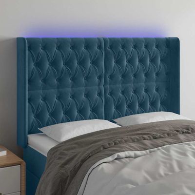 vidaXL Čelo postele s LED tmavomodré 163x16x118/128 cm zamat