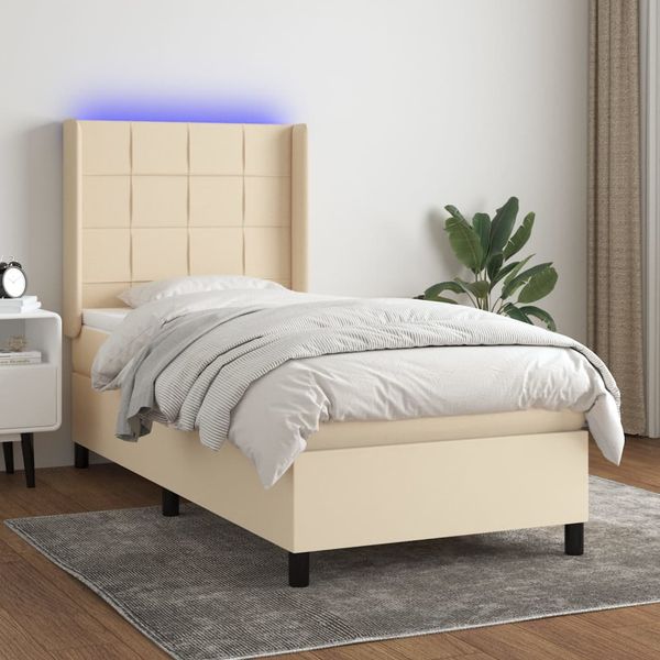 vidaXL Posteľ boxsping s matracom a LED krémová 90x190 cm látka