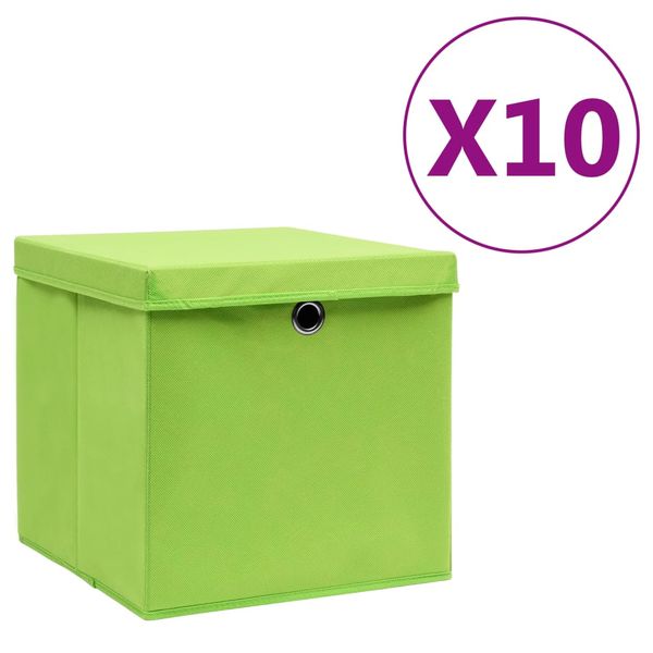 vidaXL Úložné boxy s vekom 10 ks, 28x28x28 cm, zelené
