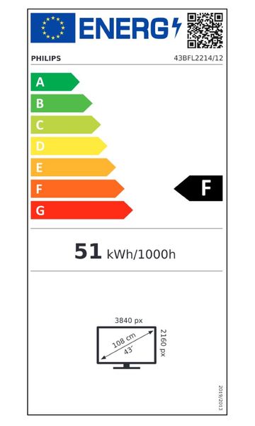 43" D-LED Philips 43BFL2214-UHD, IPS, 350cd, TV, 16/7 LED displej, Smart, 43", 4K UHD 3840x2160, DVB-T/T2/C, HEVC, 3x HDMI, 2x USB, LAN, Wi-Fi, provoz 16/7, en. tr. F