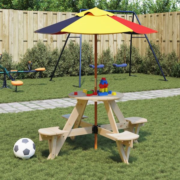 vidaXL Piknikový stôl pre 4 deti s dáždnikom okrúhly masívna jedľa