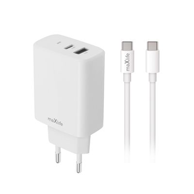 Maxlife MXTC-10-30AC PD QC charger 1x USB-C 1x USB 30W white + USB-C - USB-C cable 60W