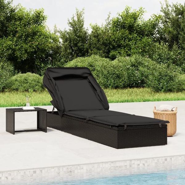 vidaXL Lehátko so skladacou strechou čierne 213x63x97cm polyratan