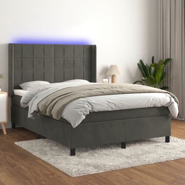 vidaXL Posteľ boxsping s matracom a LED tmavosivá 140x190 cm zamat