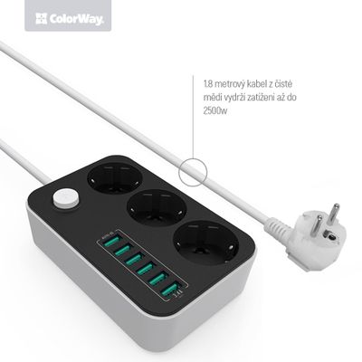COLORWAY Predlžovací napájací kábel/ 3x Schuko/ 6x USB 5V / kábel 1,8m Kabel, predlžovací, 3x zásuvka 220V, 6x USB 5V, 1,8m, bielo-cierna