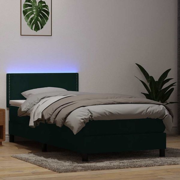 vidaXL Posteľný rám boxsping s matracom a LED tmavozelený 90x210 cm zamat