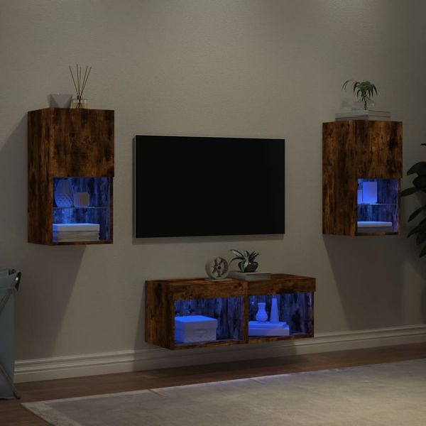 vidaXL 4-dielne TV nástenné skrinky s LED svetlami dymový dub