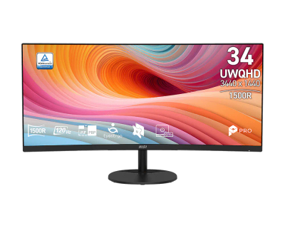 MSI monitor PRO MP341CQ E12, 34" VA zakrivený /3440x1440 (UWQHD)/120Hz/1ms/2 x HDMI/DP/čierny Monitor, 34" VA, 3440 × 1440 px, 120Hz, 1ms MPRT, 1500R, 21:9, Adaptive-Sync, HDR Ready, HDMI 2.0b, DisplayPort 1.4a, reproduktor