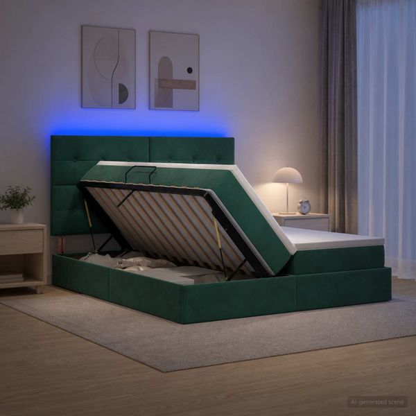 vidaXL LED úložná posteľ s matracom Tmavozelená 200 x 200 cm Zamat