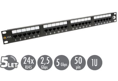19'' patch panel Solarix 24 x RJ45 CAT6 UTP 350 MHz čierny 1U SX24-6-UTP-BK
