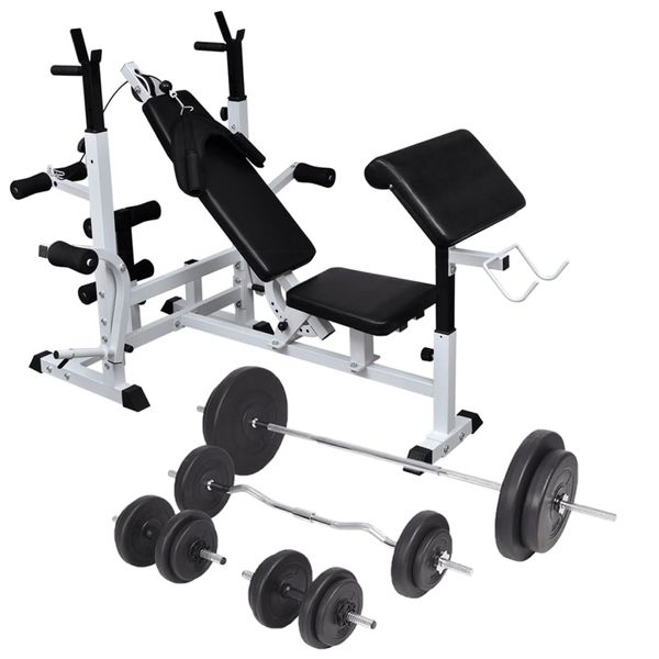 vidaXL Posilňovacia lavica so stojanom na závažie a sadou činiek 90 kg