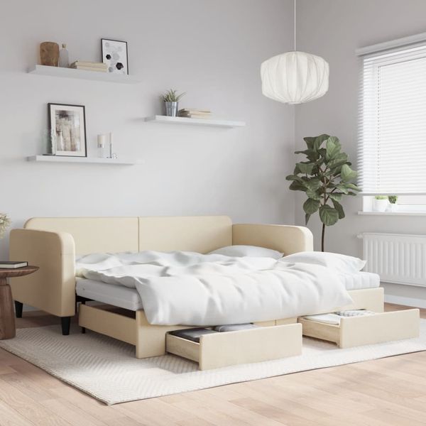 vidaXL Rozkladacia denná posteľ so zásuvkami krémová 100x200 cm látka
