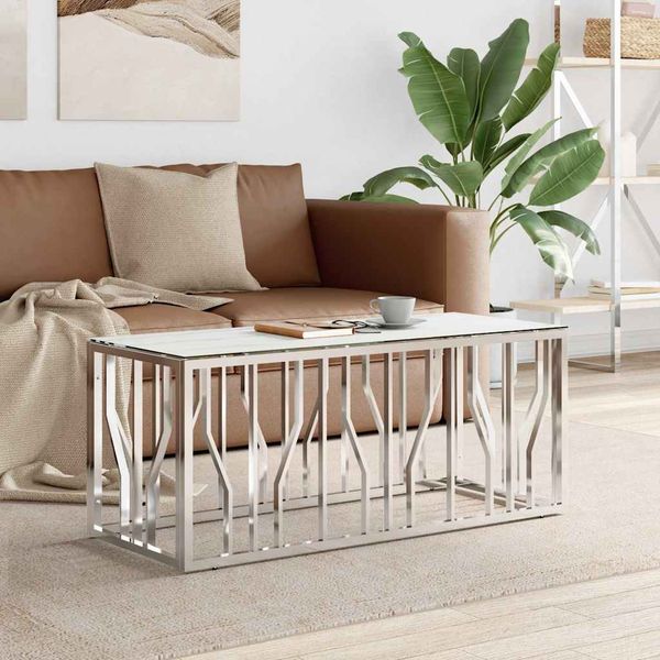 vidaXL Konferenčný stolík strieborný 110x45x45 cm nehrdz. oceľ a sklo