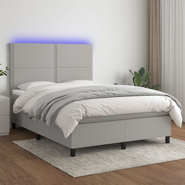 vidaXL Posteľ boxsping s matracom a LED bledosivá 140x200 cm látka