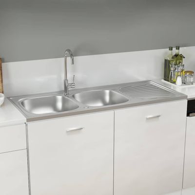 vidaXL Kuchynský drez, 2 vaničky, strieborný 1200x600x155 mm, oceľ