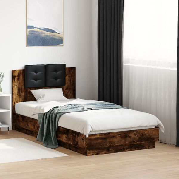 vidaXL Posteľný rám s čelom a LED svetlami dymový dub 90x190 cm