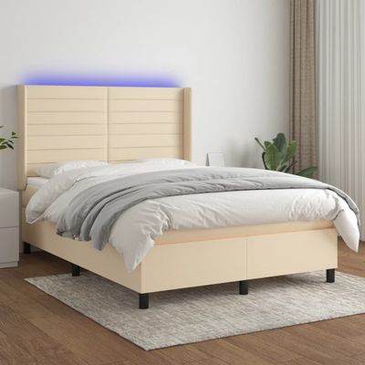 vidaXL Posteľ boxsping s matracom a LED krémová 140x200 cm látka
