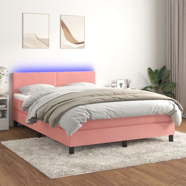 vidaXL Posteľný rám boxsping s matracom a LED ružový 140x190 cm zamat