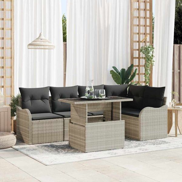 vidaXL Jedálenská súprava s vankúšom 6 pcs Svetlosivá Poly ratan