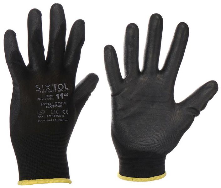 Rukavice pracovné z polyesteru polomáčané v polyuretáne GLOVE PE-PU 11, čierne, veľkosť 11 SIXTOL