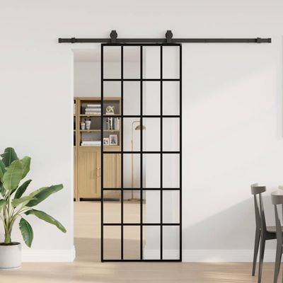 vidaXL Posuvné dvere s kovaním čierne 76x205 cm ESG sklo