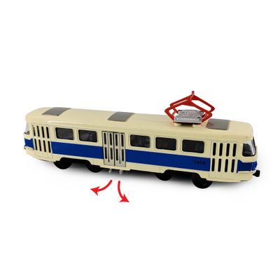 Kovová česká retro električka modrá 16 cm - otváracie dvere