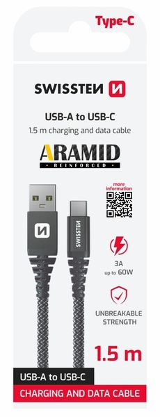 SWISSTEN DÁTOVÝ KÁBEL KEVLAR USB / USB-C 1,5 M ANTRACIT Kábel, nabíjací a synchronizačný, USB na USB-C, USB 2.0, 3A, 60W, oplotený 1,5m, čierny