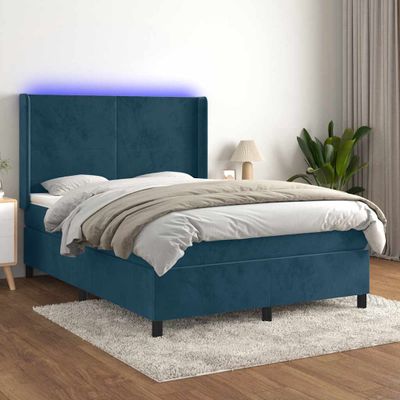 vidaXL Posteľný rám boxsping matrac a LED tmavomodrý 140x190 cm zamat