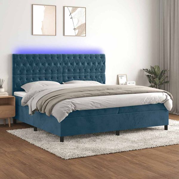 vidaXL Posteľný rám boxsping matrac a LED tmavomodrý 200x200 cm zamat