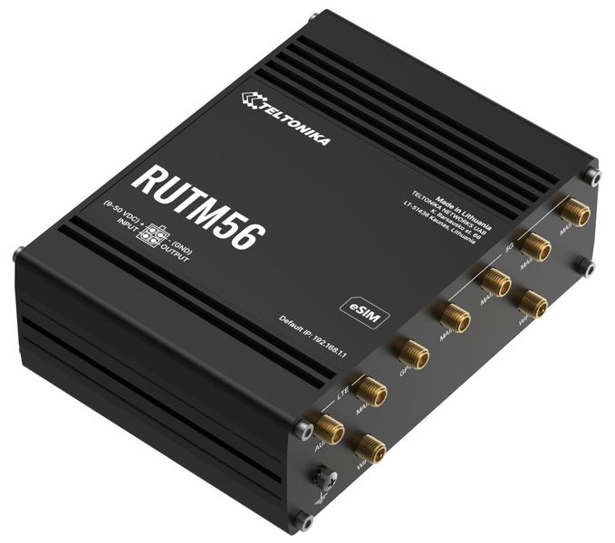 Teltonika RUTM56 průmyslový router, dual modem, 5G, 4G, 5x Gbit RJ45, WiFi 5 Router, prumyslový, 5G, 4G (LTE), 3G, Wi-Fi 5, 802.11b/g/n/ac Wave 2, 4× RJ-45 LAN, 1× RJ-45 WAN, 1× DI/DO, pasivní PoE, Dual SIM