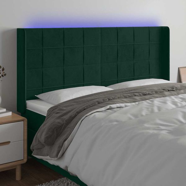 vidaXL Čelo postele s LED tmavozelené 203x16x118/128 cm zamat
