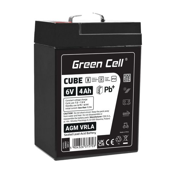 AGM6V4AH-J Green Cell CUBE AGM IP54 6V 4Ah VRLA gélová batéria s hlbokým cyklom pre detské hračky, a