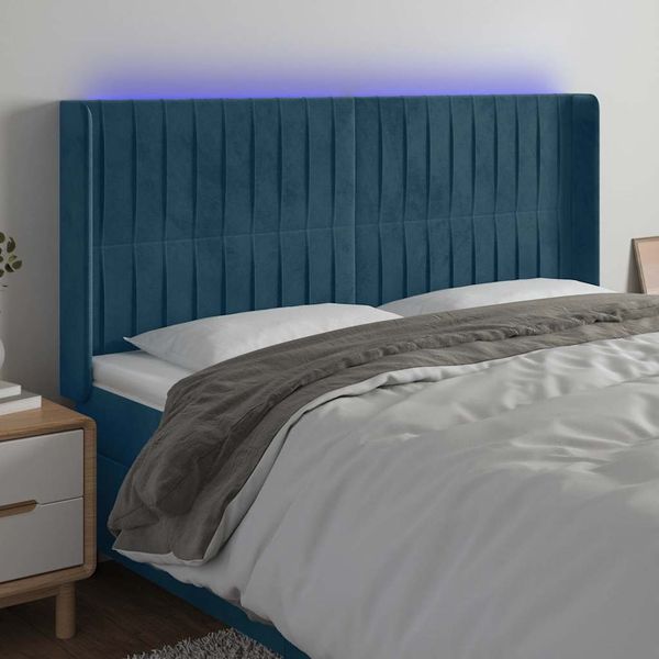 vidaXL Čelo postele s LED tmavomodré 203x16x118/128 cm zamat