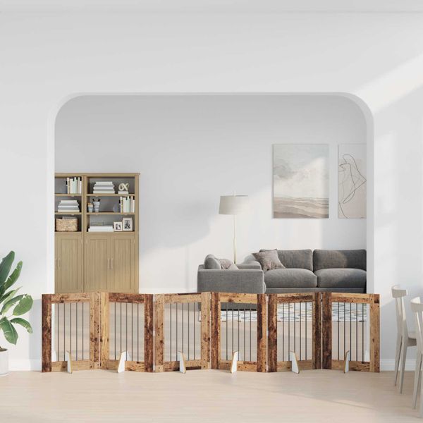 vidaXL Skladacia psia brána so stojanmi 6 ks Staré drevo 362 cm