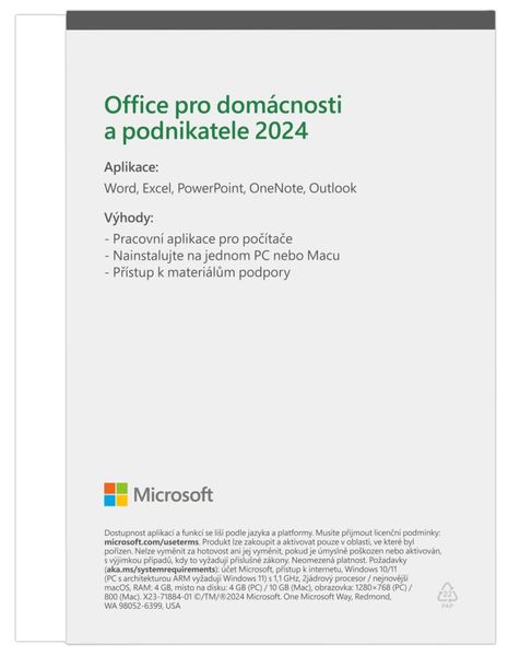 Microsoft Office 2024 pre domácnosti a podnikateľov CZ Software, kancelársky, pre domácnosti a podnikateľov, Czech Medialess