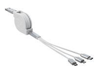 Kábel Lightning - USB s pinmi (male) do Micro USB typ B, Lightning, USB-C s pinmi (male) - 98 cm - biela - vysúvateľný, plochý