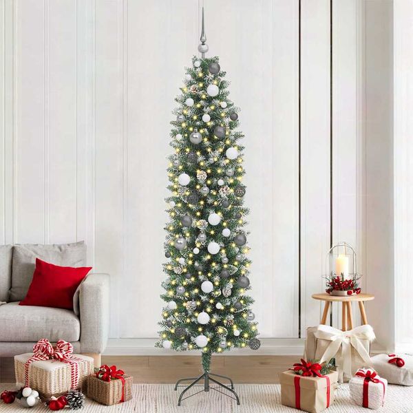 vidaXL Umelý chudý vianočný strom s 300 LED-i Zelená a biela 210 cm
