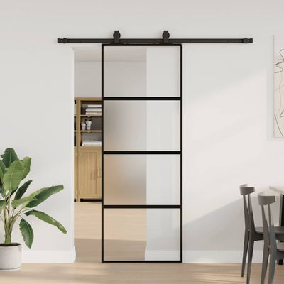 vidaXL Posuvné dvere s kovaním čierne 76x205 cm tvrdené sklo